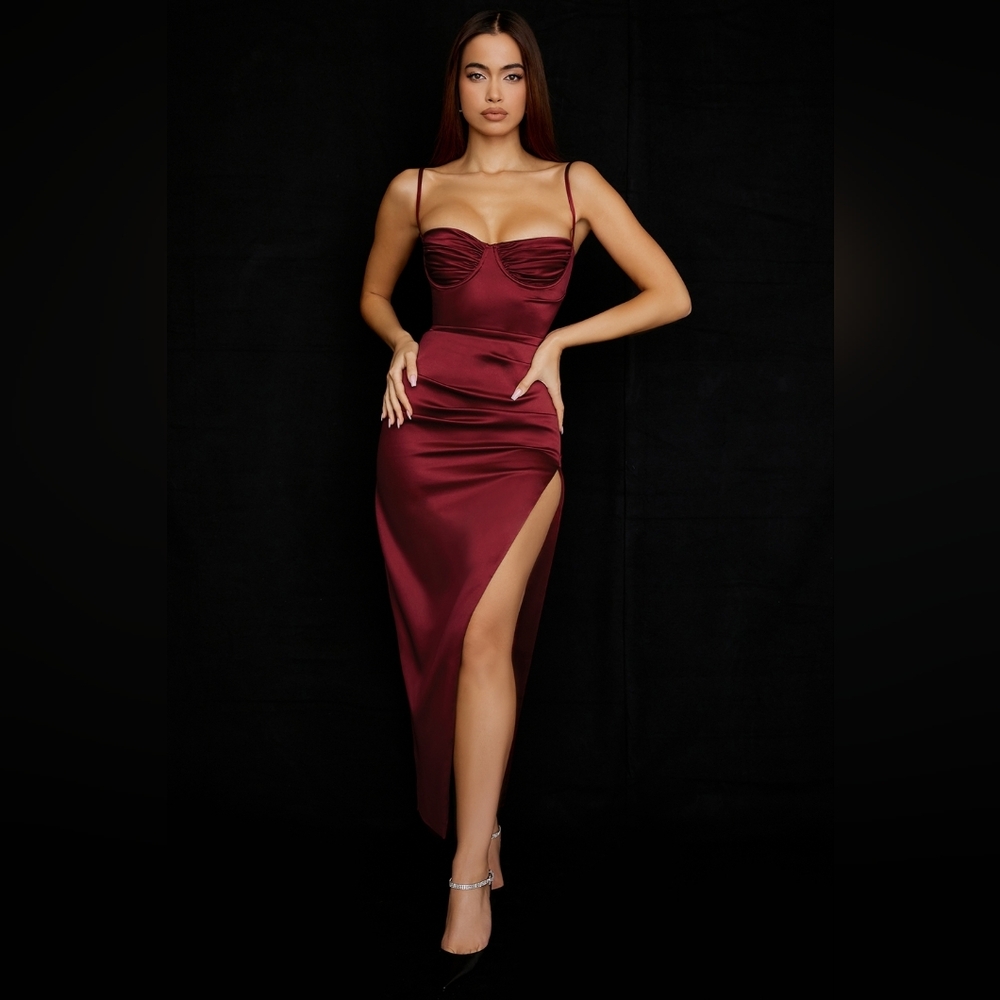 NWT House of CB Flora Red wine Satin‎ Pleated Corset Midi Dress XL Plus Cup